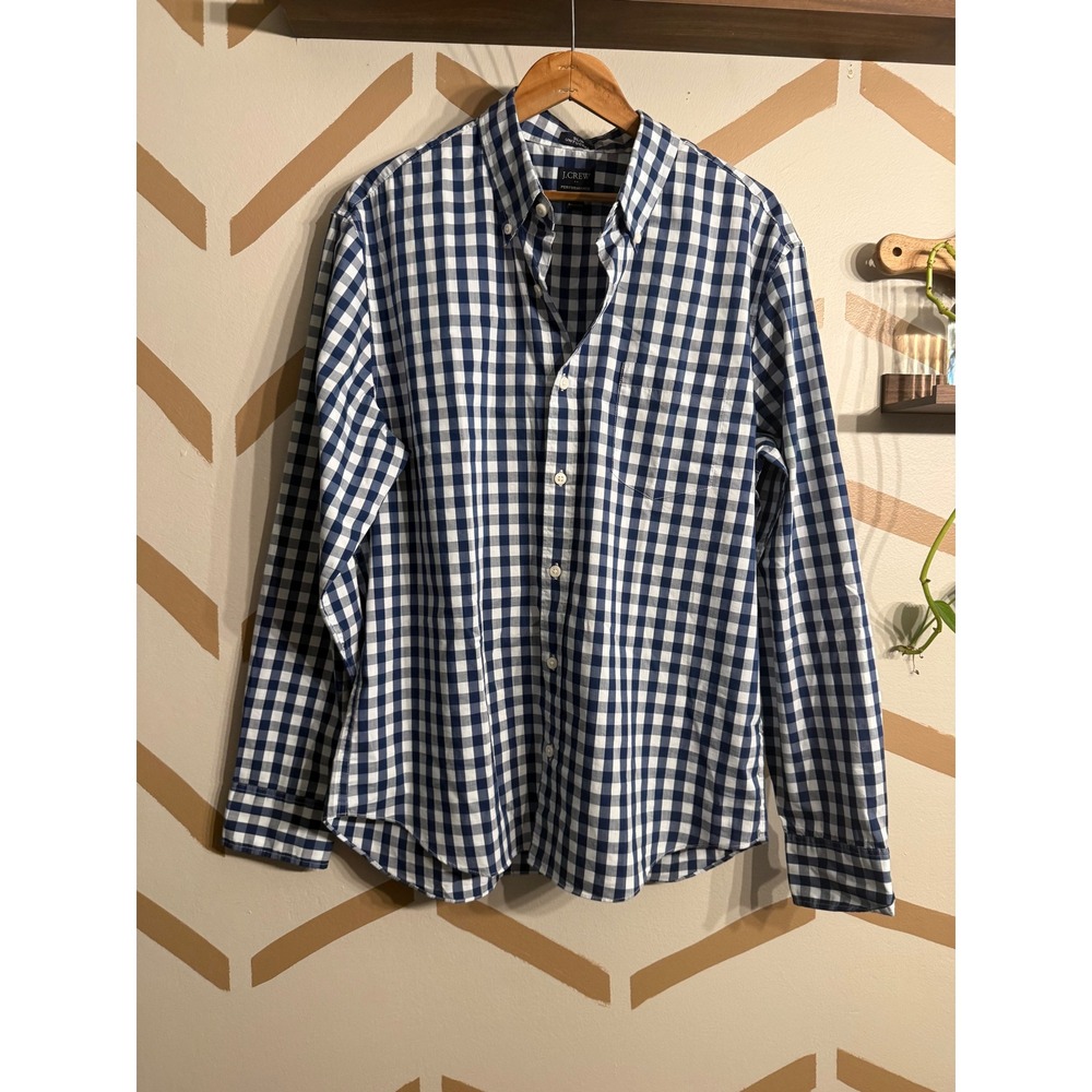 J.Crew Performance Shirt Mens L‎ Blue White Gingham Slim Untucked BE151 SP23